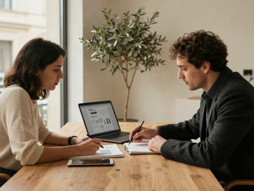 Two consultants working together on business analytics and strategic priorities